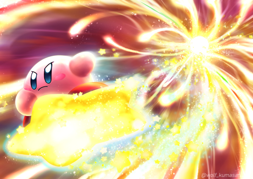 blue_eyes blush_stickers chasing commentary_request fleeing flying galeem highres kirby kirby_(series) light light_beam ninjya_palette serious sparkle star super_smash_bros. super_smash_bros._ultimate twitter_username warp_star