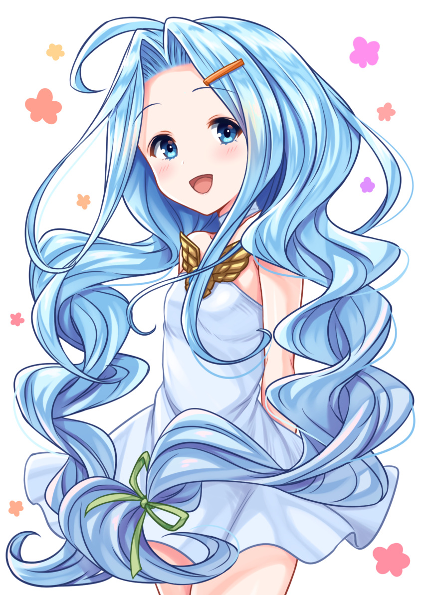 :d ahoge bangs bare_arms bare_shoulders blue_eyes blue_hair blush breasts collarbone commentary_request dress eyebrows_visible_through_hair forehead granblue_fantasy green_ribbon hair_ornament hair_ribbon hairclip head_tilt highres long_hair lyria_(granblue_fantasy) open_mouth parted_bangs ribbon simple_background small_breasts smile solo tomo_(user_hes4085) very_long_hair white_background white_dress