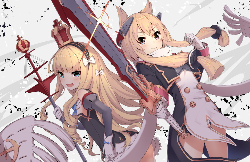 &gt;:) :d azur_lane blonde_hair blue_eyes commentary_request crown detached_sleeves hair_ornament hair_ribbon highres long_hair looking_at_viewer military military_uniform multiple_girls neme1228 open_mouth panties purple_eyes queen_elizabeth_(azur_lane) ribbon simple_background smile staff sword underwear uniform v-shaped_eyebrows warspite_(azur_lane) weapon