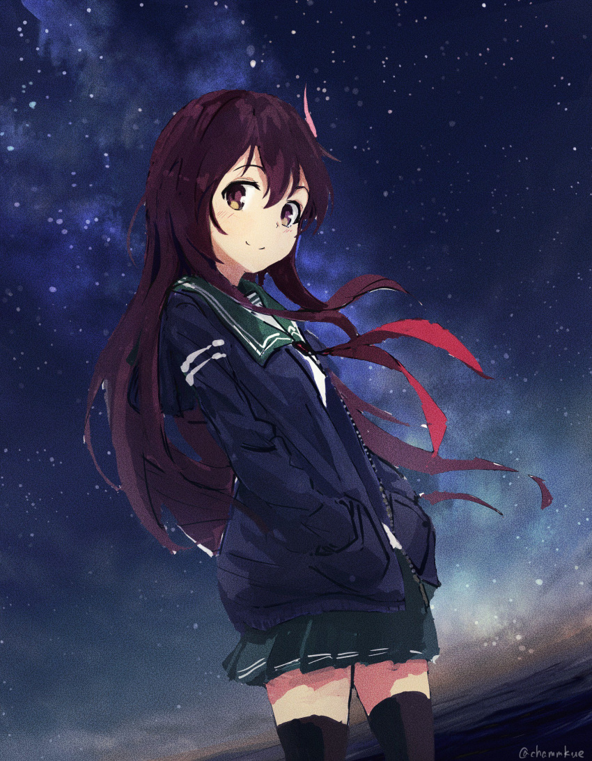 absurdres black_legwear blue_jacket chamu_(chammkue) closed_mouth green_sailor_collar green_skirt hair_ornament hand_in_pocket hands_in_pockets highres jacket kantai_collection kisaragi_(kantai_collection) long_hair looking_at_viewer neckerchief night night_sky ocean purple_eyes purple_hair red_neckwear remodel_(kantai_collection) sailor_collar school_uniform shirt skirt sky smile thighhighs twitter_username white_shirt zettai_ryouiki zipper