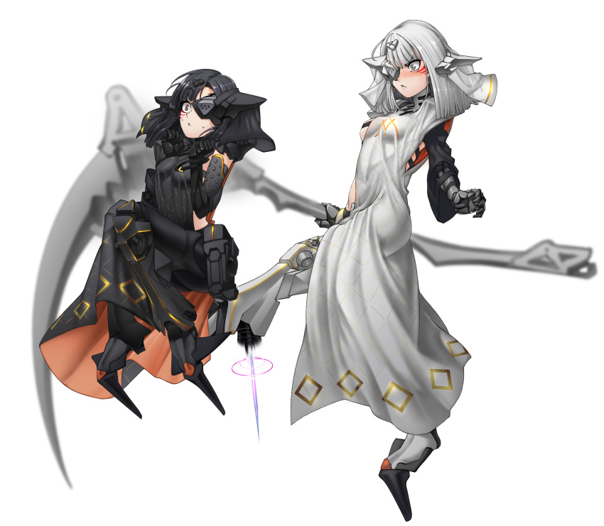 angry bangs black_hair black_pants black_robe blunt_bangs blush breasts brown_eyes closed_mouth commentary_request eyepatch gauntlets girls_frontline hair_ornament headgear headpiece highres holding holding_scythe holding_weapon kicking long_hair multiple_girls nyto_obelisk_(girls_frontline) nyto_polarday_(girls_frontline) pants scythe sd_bigpie silver_hair simple_background small_breasts surprised weapon whisker_markings white_background white_robe