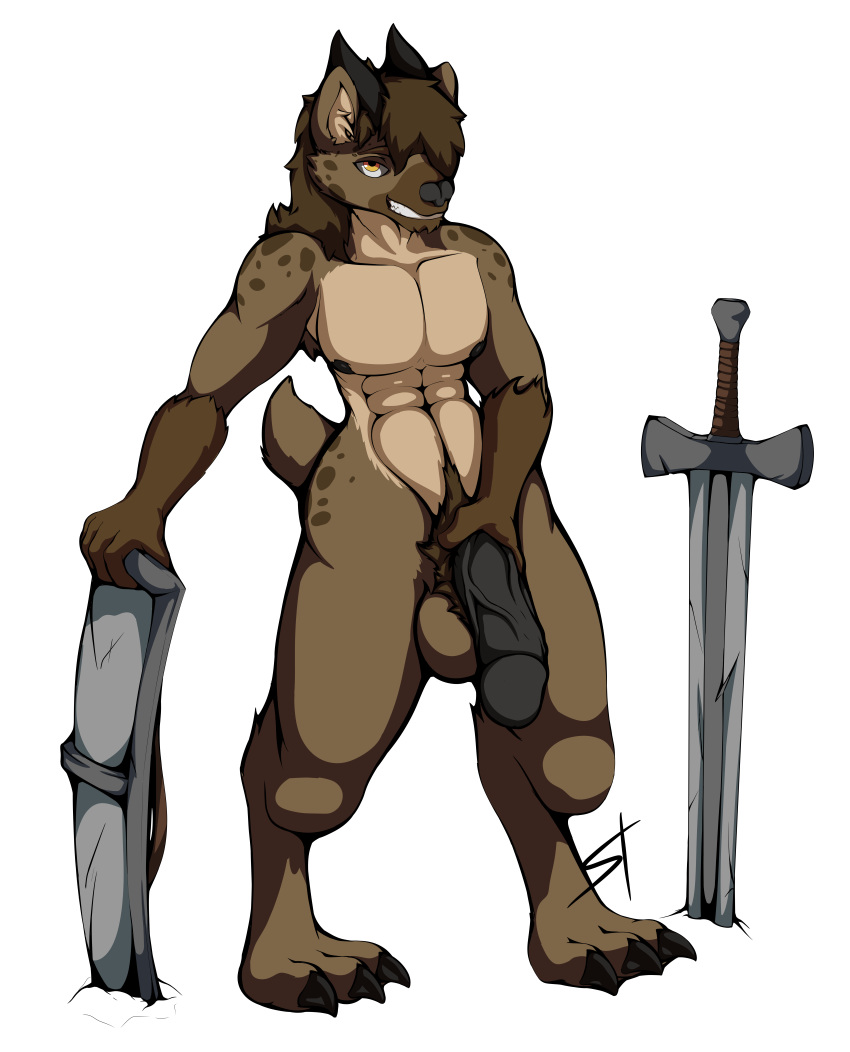 2018 alpha_channel anthro ar'kal_(viggs) balls bulge canine clothing digital_media_(artwork) dungeons_&amp;_dragons fur gnoll hair hi_res horn humanoid_penis male mammal melee_weapon muscular nude penis pubes shield simple_background smile solo standing standing_tough sword teeth transparent_background weapon