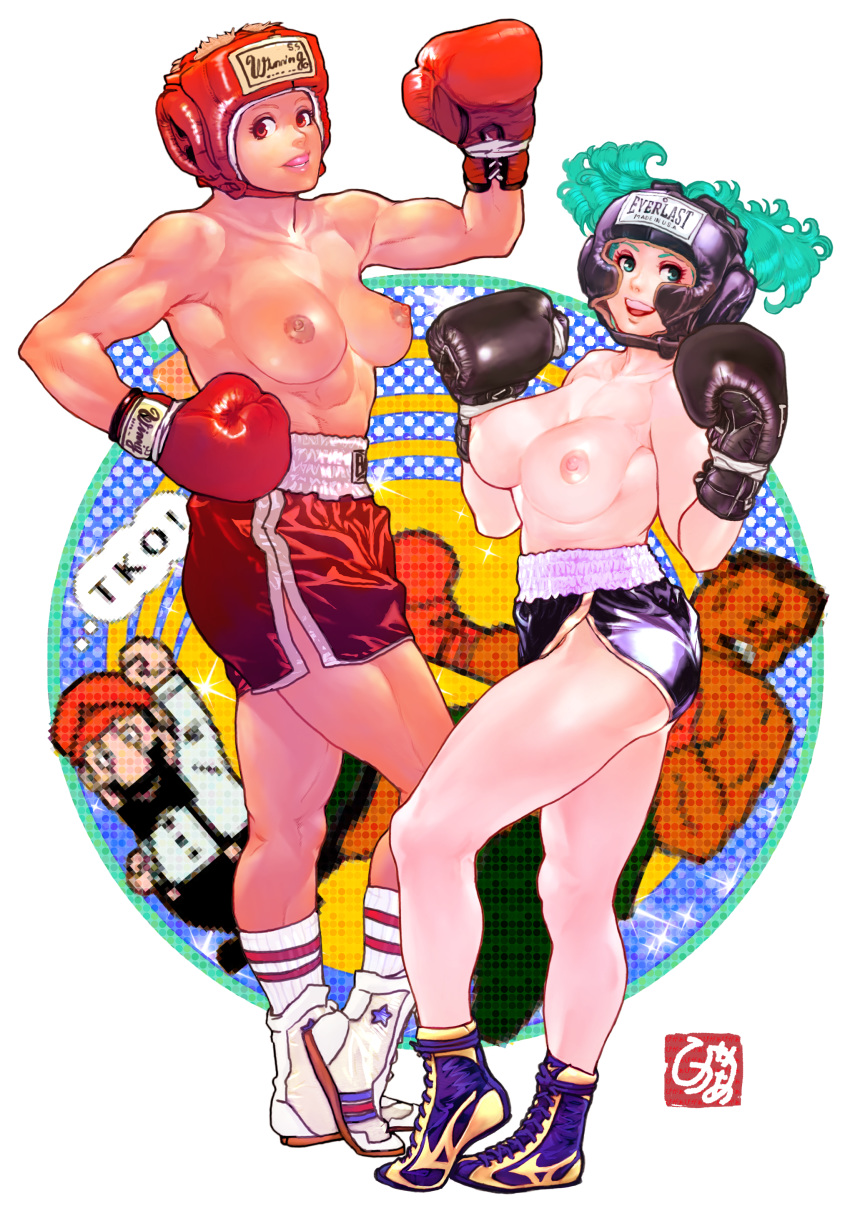 2boys 2girls abs boxing_gloves breasts highres mario mike_tyson mouth_guard multiple_boys multiple_girls muscle muscular_female nintendo nipples original punch-out!! shorts smile topless vigwer