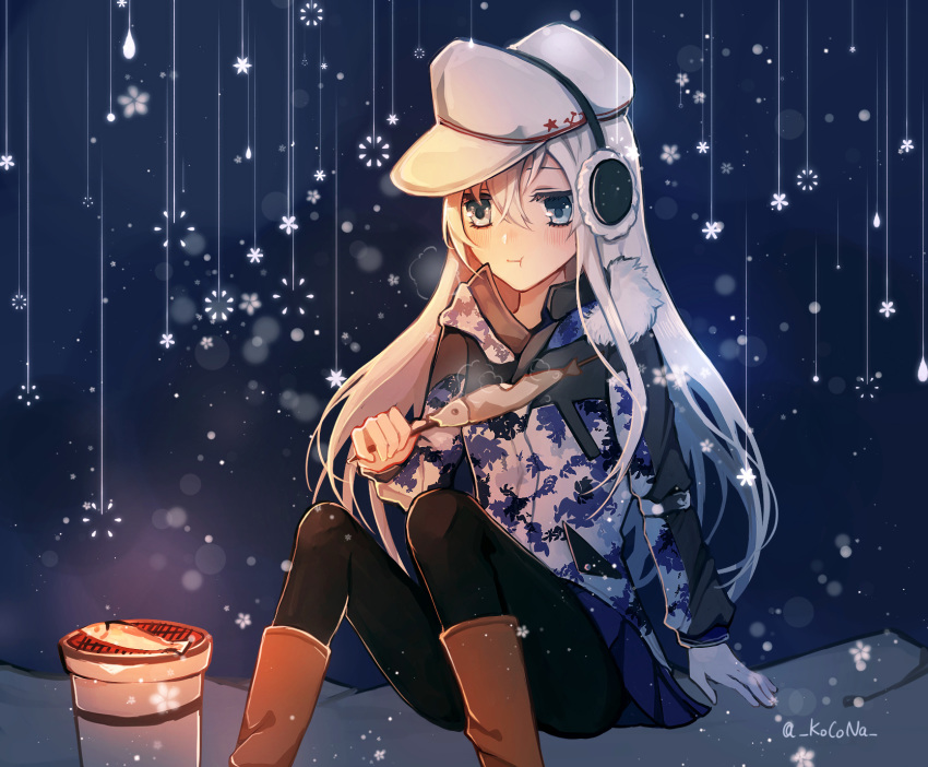 black_background black_legwear blue_eyes boots brown_footwear camouflage_jacket commentary earmuffs eating feet_out_of_frame fish flat_cap grill hammer_and_sickle hat hibiki_(kantai_collection) highres kantai_collection kocona long_hair pantyhose shichirin silver_hair sitting snowflakes solo twitter_username verniy_(kantai_collection) white_hat