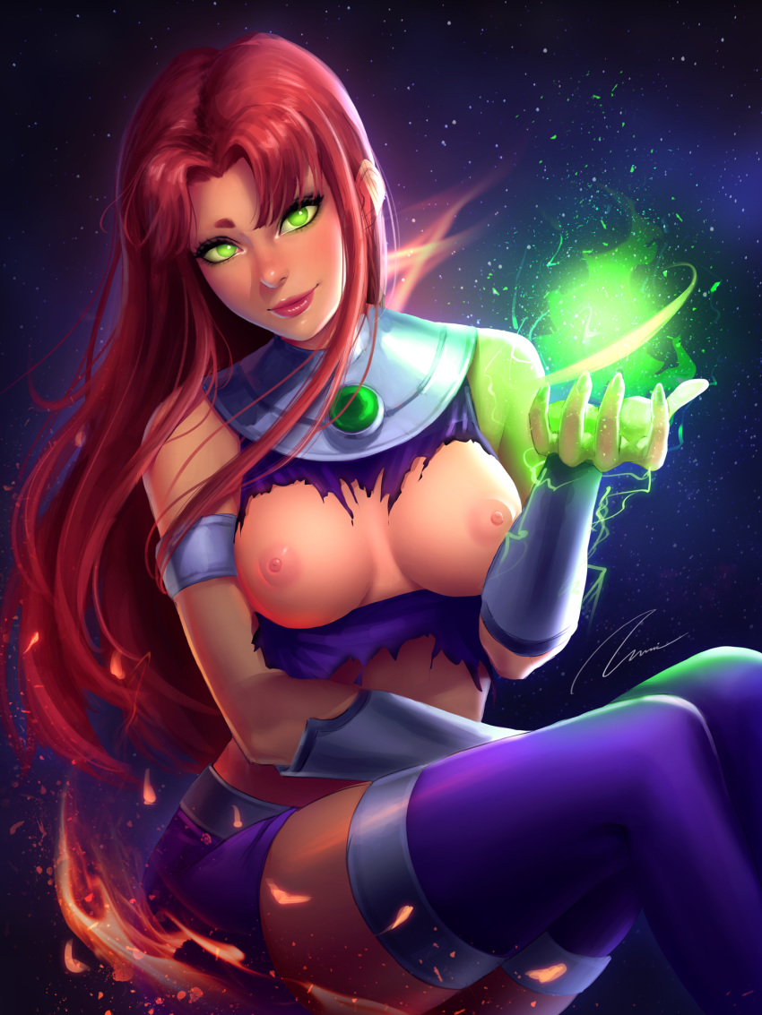 armlet bangs bare_shoulders breasts breasts_outside closed_mouth crop_top dc_comics electricity energy_ball eyelashes fingernails fire gem green_eyes hand_up head_tilt highres large_breasts lips long_hair looking_at_viewer midriff nose orange_skin paid_reward parted_bangs patreon_reward purple_legwear purple_shirt purple_skirt red_hair shirt short_eyebrows sidelocks signature sitting skirt sky sleeveless sleeveless_shirt smile solo star_(sky) starfire starry_sky superhero teen_titans thighhighs torn_clothes umigraphics vambraces