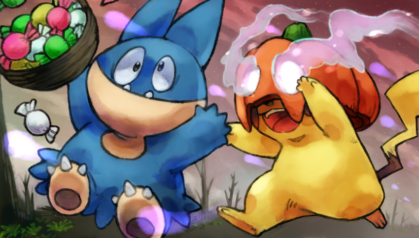 ambiguous_gender anthro candy chasing food fruit halloween holidays looking_at_viewer mammal munchlax nintendo open_mouth outside pikachu pok&eacute;mon pok&eacute;mon_(species) pumpkin rodent running video_games やね