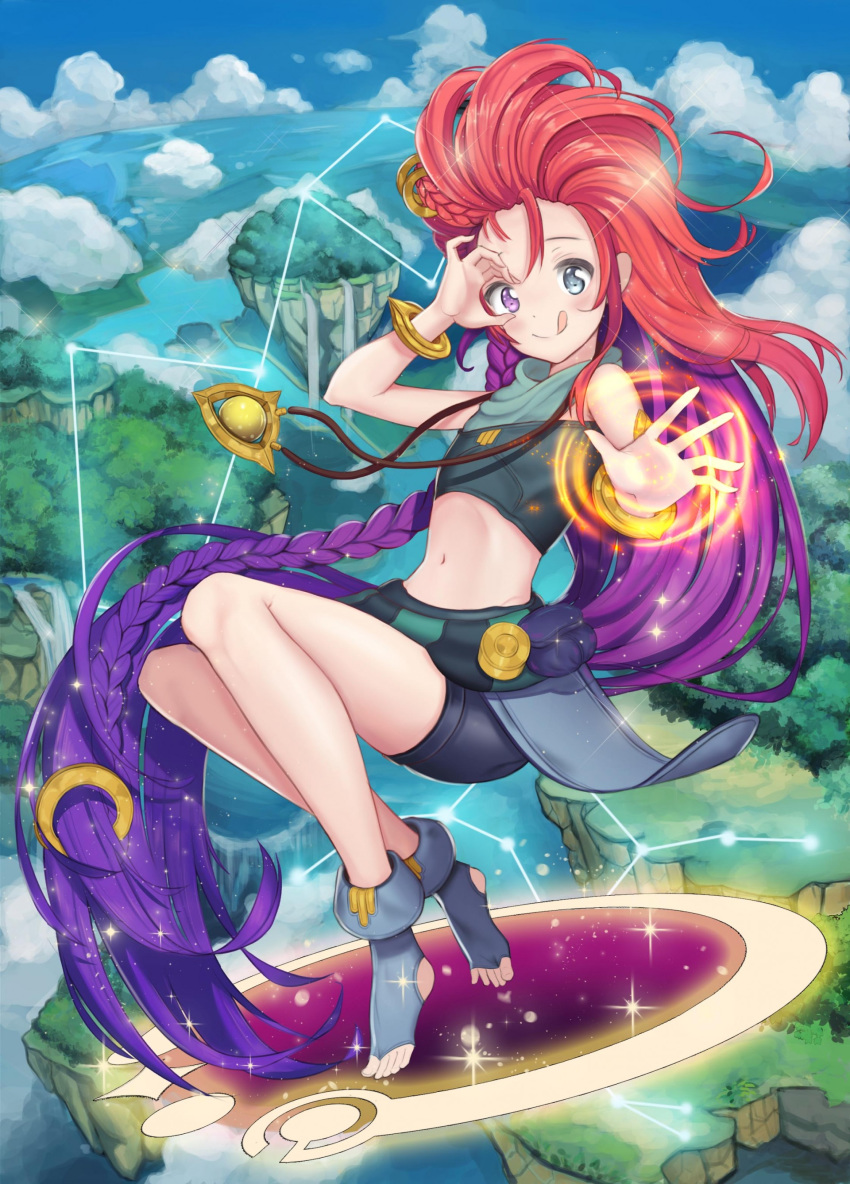 :q absurdly_long_hair absurdres ah-lyong_lee bare_shoulders barefoot blue_eyes bracelet braid cloud cloudy_sky constellation day flat_chest floating glint gradient_hair hair_ornament heterochromia highres jewelry knees_up league_of_legends long_hair looking_at_viewer magic midair midriff multicolored_hair navel pendant pink_hair portal_(object) purple_eyes purple_hair scarf sky sleeveless solo toeless_legwear tongue tongue_out very_long_hair zoe_(league_of_legends)