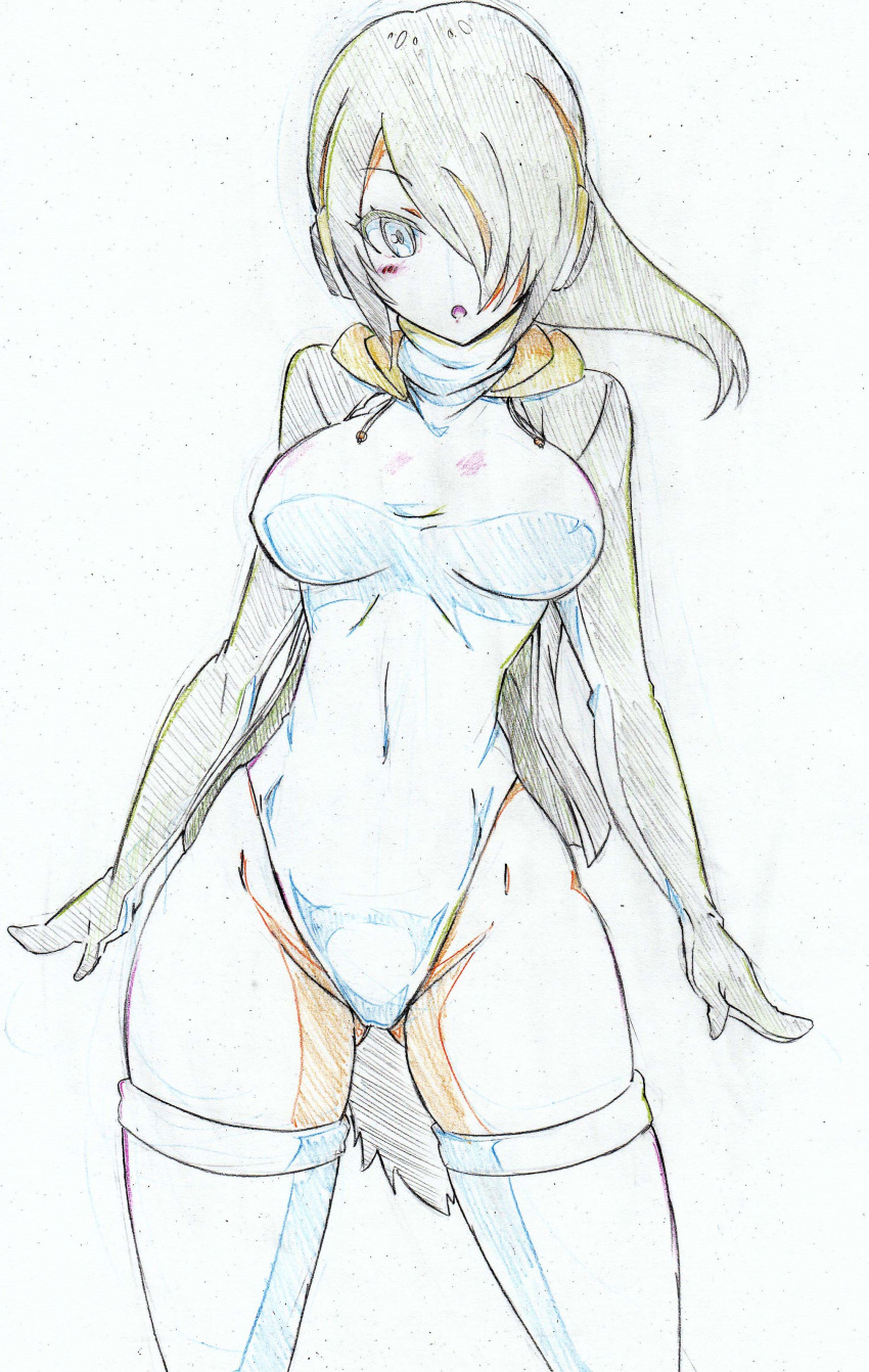 :o absurdres ass_visible_through_thighs black_hair black_jacket breasts brown_eyes color_trace colored_pencil_(medium) commentary covered_navel cowboy_shot drawstring emperor_penguin_(kemono_friends) groin hair_over_one_eye headphones highleg highleg_leotard highres hood hoodie jacket kemono_friends kitazinger large_breasts leotard light_blush long_hair long_sleeves looking_at_viewer multicolored_hair open_clothes open_hoodie open_jacket open_mouth solo standing streaked_hair thighhighs thighs traditional_media white_legwear white_leotard