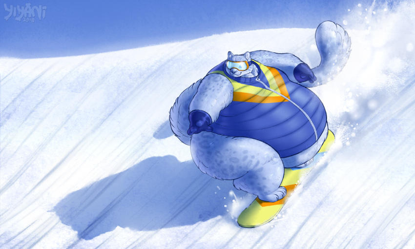 anthro barefoot belly big_belly bottomless claws clothed clothing eyewear feline fur gloves goggles hyper hyper_belly leopard male mammal obese obese_male ollie outside overweight overweight_male pop'n_music smile snow snow_leopard snowboard snowboarding solo spots spotted_fur thick_thighs toe_claws vest yiyani