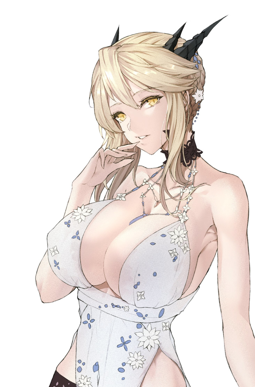 alternate_costume artoria_pendragon_(all) artoria_pendragon_(lancer_alter) babydoll bare_shoulders black_panties blonde_hair braid breasts choker cleavage collarbone covered_nipples craft_essence dark_persona fate/grand_order fate_(series) finger_to_mouth french_braid hair_between_eyes hair_ornament highres jewelry large_breasts limeblock lingerie looking_at_viewer necklace panties revealing_clothes royal_icing see-through sidelocks solo underwear work_in_progress yellow_eyes