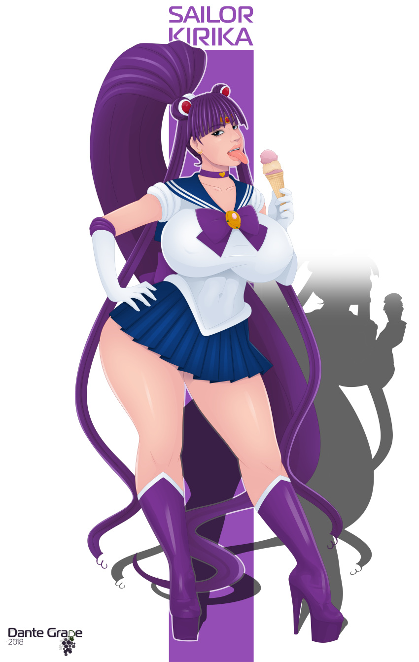 1girl alternate_costume bishoujo_senshi_sailor_moon breasts brown_eyes dante_grapes eiken fangs huge_breasts long_hair looking_at_viewer misono_kirika open_mouth puprle_eyes puprle_hair purple_hair sailor_moon sailor_moon_(cosplay) skirt solo standing tongue tongue_out very_long_hair