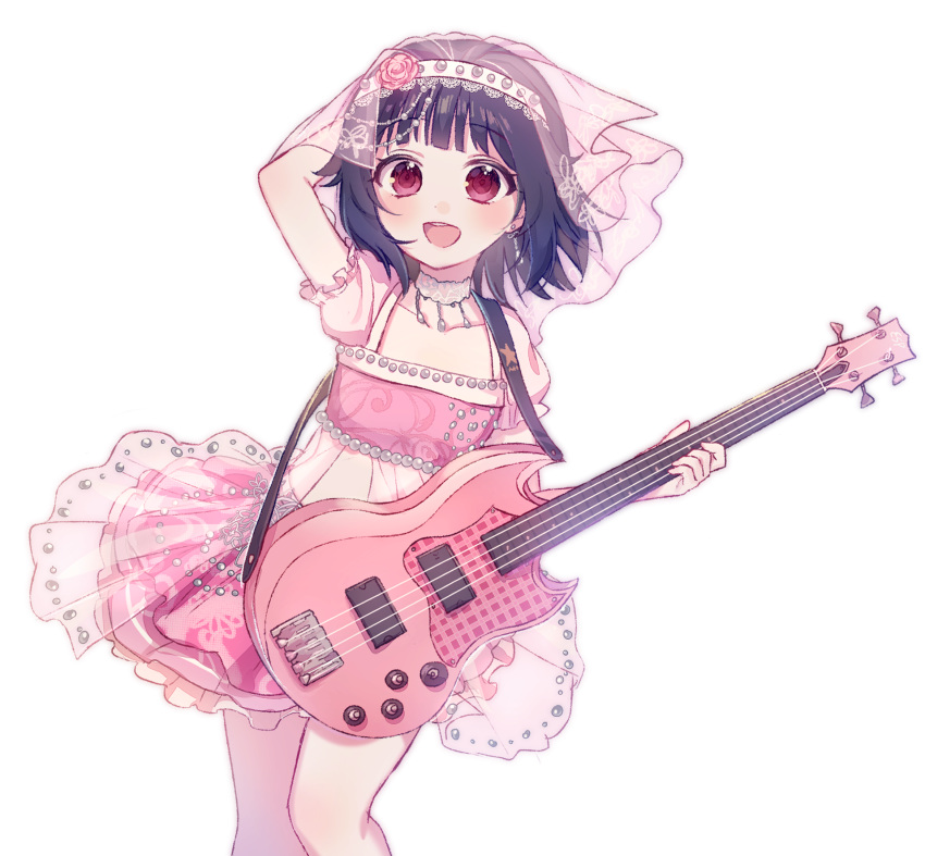 :d arm_up bang_dream! bangs bass_guitar black_hair blush choker collarbone crop_top earrings esp_guitars flower hair_flower hair_ornament hairband hand_on_own_head highres holding holding_instrument instrument jewelry looking_at_viewer open_mouth pink_flower pink_skirt poyo_(shwjdddms249) red_eyes short_hair short_sleeves simple_background skirt smile solo ushigome_rimi veil white_background white_choker white_hairband
