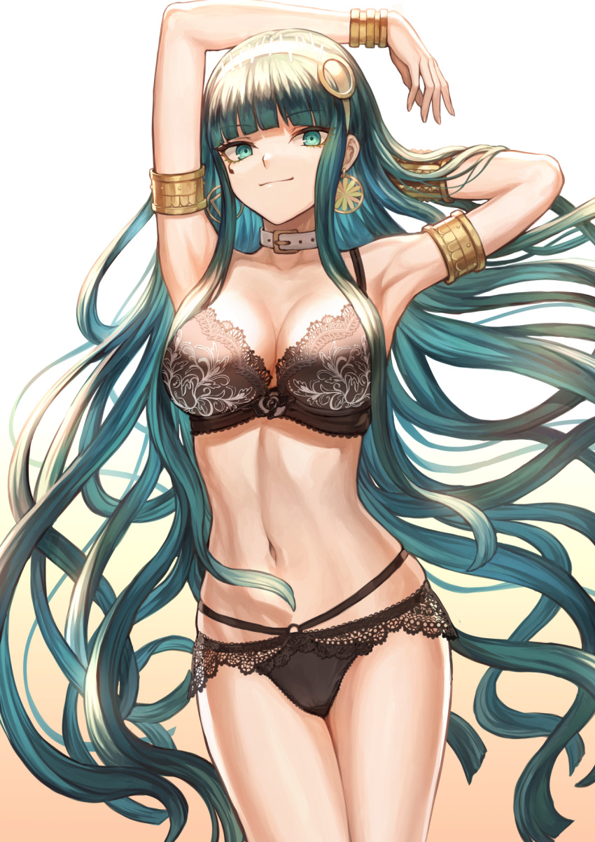 armlet armpits arms_up bangs bare_shoulders belt_collar black_bra black_panties blunt_bangs blush bra bracelet breasts buckle cleavage cleopatra_(fate/grand_order) closed_mouth collar collarbone commentary cowboy_shot earrings eyebrows_visible_through_hair fate/grand_order fate_(series) gradient gradient_background green_eyes green_hair groin hairband hand_behind_head highres hips hoop_earrings jewelry lace lace-trimmed_bra lace-trimmed_panties large_breasts lingerie long_hair looking_at_viewer mashu_003 navel necklace panties signature smile solo stomach thighs underwear underwear_only very_long_hair
