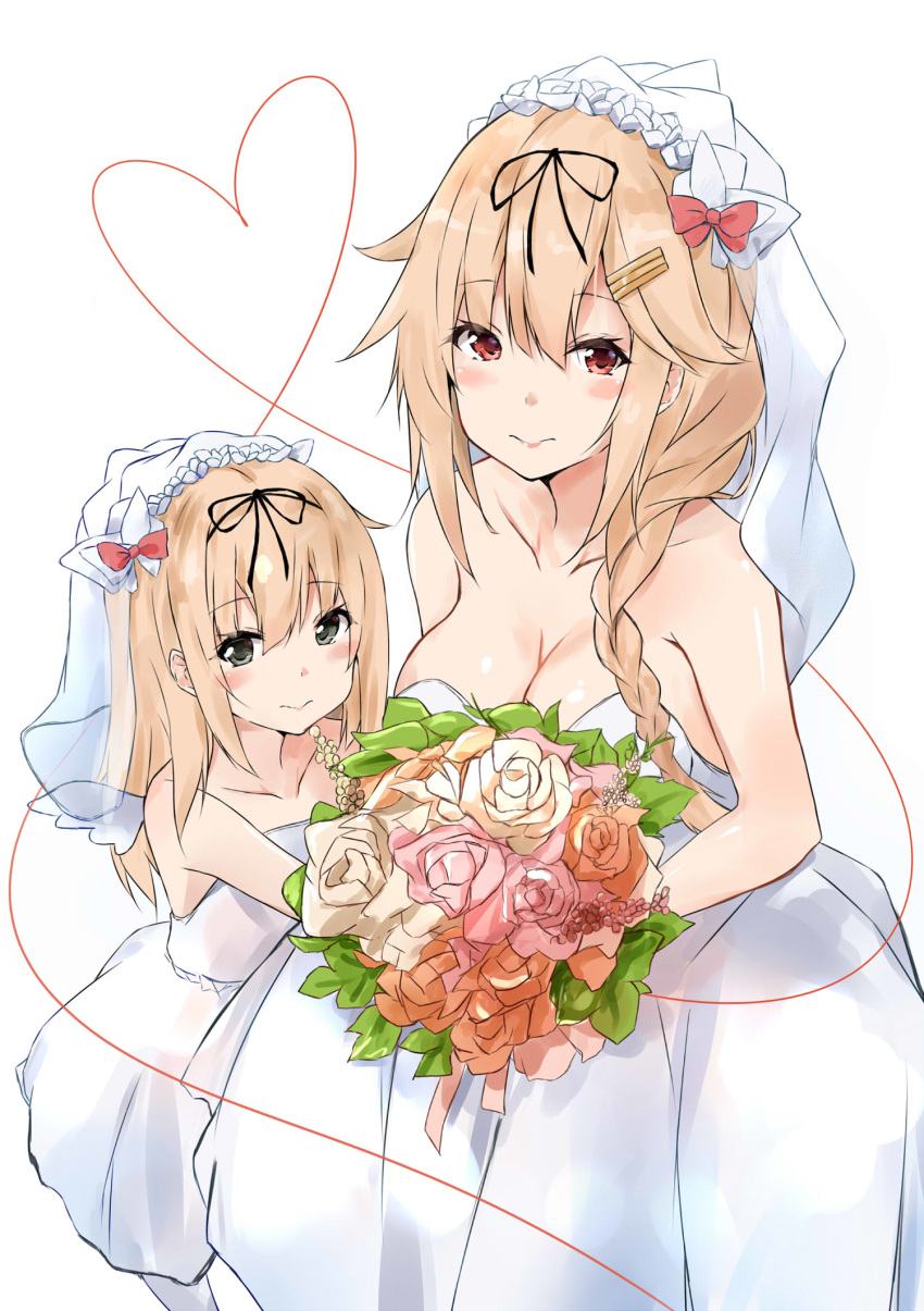 bare_arms bare_shoulders blonde_hair blush bouquet braid breasts bridal_veil bride closed_mouth commentary_request dress flower gloves grey_eyes hair_flaps hair_ornament hair_ribbon hairclip heart highres if_they_mated kantai_collection long_hair looking_at_viewer married mother_and_daughter multiple_girls red_eyes remodel_(kantai_collection) ribbon saku_(kudrove) single_braid smile strapless strapless_dress veil wedding_dress white_background yuudachi_(kantai_collection)