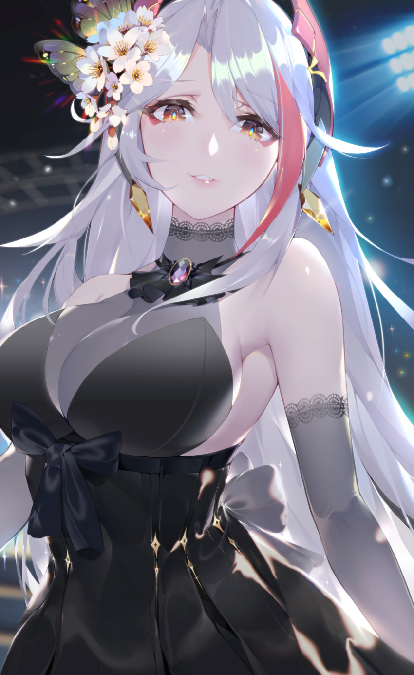 alternate_costume amethyst antenna_hair azur_lane backlighting bangs bare_shoulders black_dress blurry blurry_background blush breasts brown_eyes butterfly_hair_ornament calder choker cleavage commentary_request dress earrings elbow_gloves eyebrows_visible_through_hair eyeshadow flower glint gloves hair_between_eyes hair_flower hair_ornament halter_dress headgear highres jewelry lace lace-trimmed_gloves large_breasts light_particles lights long_hair looking_at_viewer makeup multicolored_hair night parted_lips pink_lips prinz_eugen_(azur_lane) red_hair ribbon ribbon-trimmed_dress sidelocks silver_gloves silver_hair sleeveless sleeveless_dress smile solo stadium streaked_hair topaz_(stone) two_side_up very_long_hair
