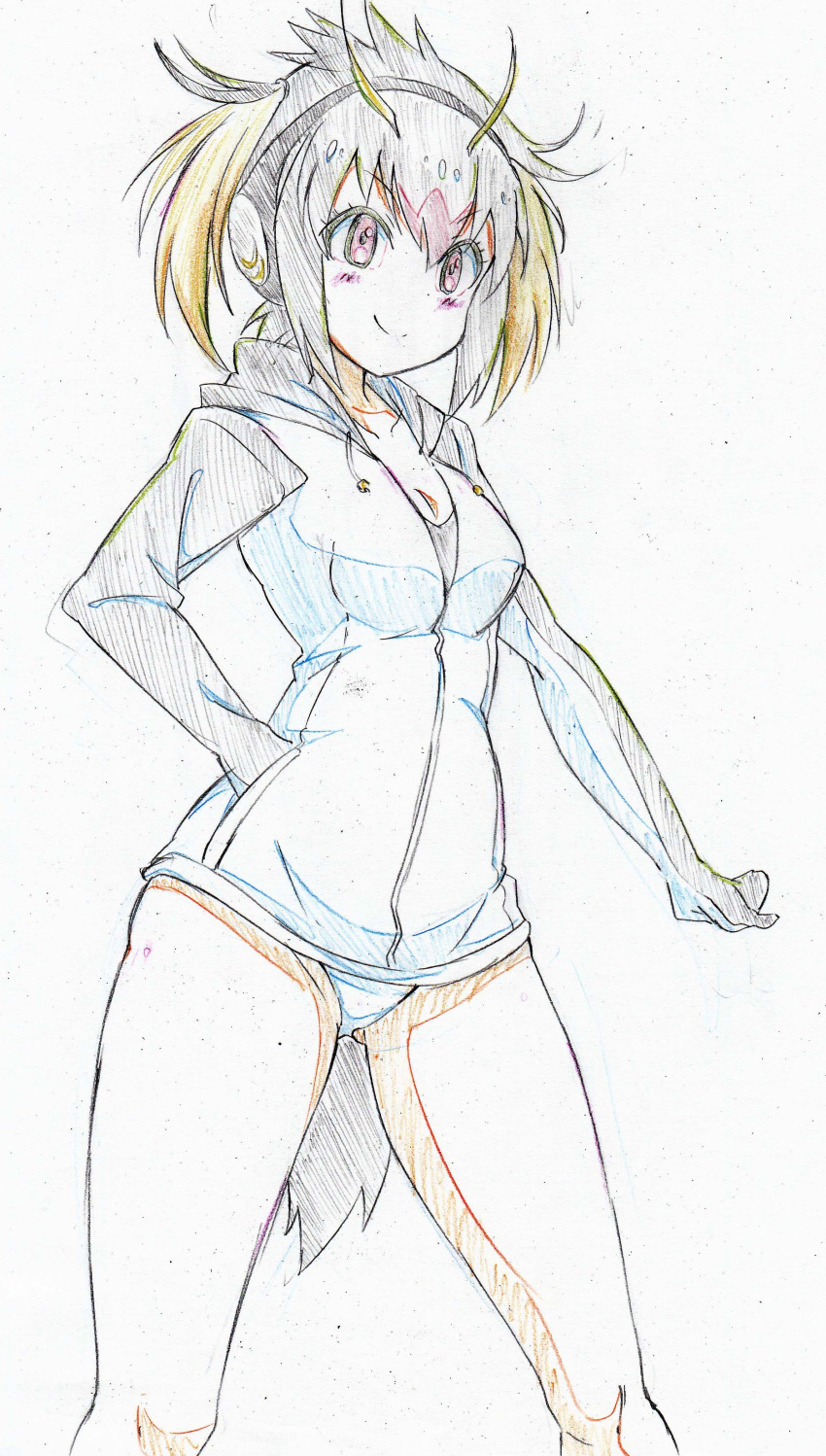 absurdres bangs black_hair black_jacket blonde_hair breasts cleavage color_trace colored_pencil_(medium) commentary cowboy_shot drawstring eyebrows_visible_through_hair hand_in_pocket hand_on_hip headphones highres hood hoodie jacket kemono_friends kitazinger leotard light_blush long_sleeves looking_at_viewer medium_breasts multicolored_hair pose raglan_sleeves red_eyes red_hair rockhopper_penguin_(kemono_friends) short_hair smirk solo standing tail thighs traditional_media v-shaped_eyebrows white_leotard