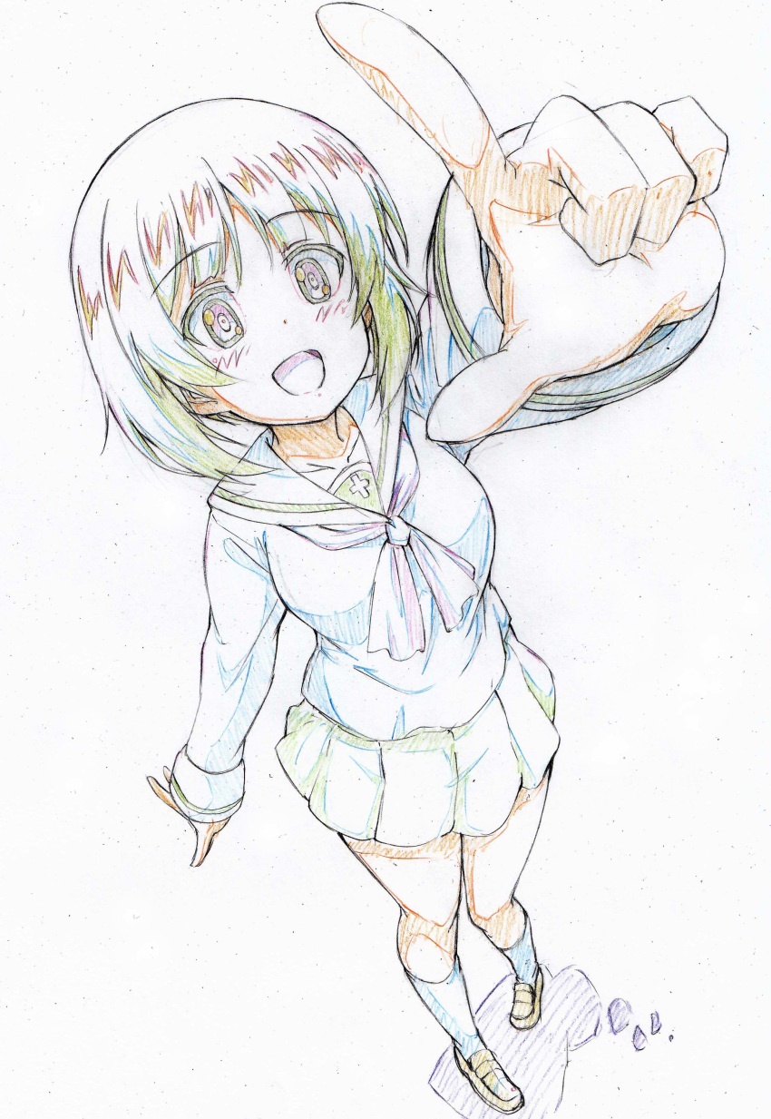 :d absurdres bangs black_legwear black_neckwear blouse brown_eyes brown_footwear brown_hair color_trace colored_pencil_(medium) commentary_request eyebrows_visible_through_hair foreshortening full_body girls_und_panzer green_skirt highres kitazinger loafers long_sleeves looking_at_viewer miniskirt neckerchief nishizumi_miho ooarai_school_uniform open_mouth pleated_skirt pointing pointing_at_viewer school_uniform serafuku shadow shoes short_hair skirt smile socks solo standing traditional_media white_blouse