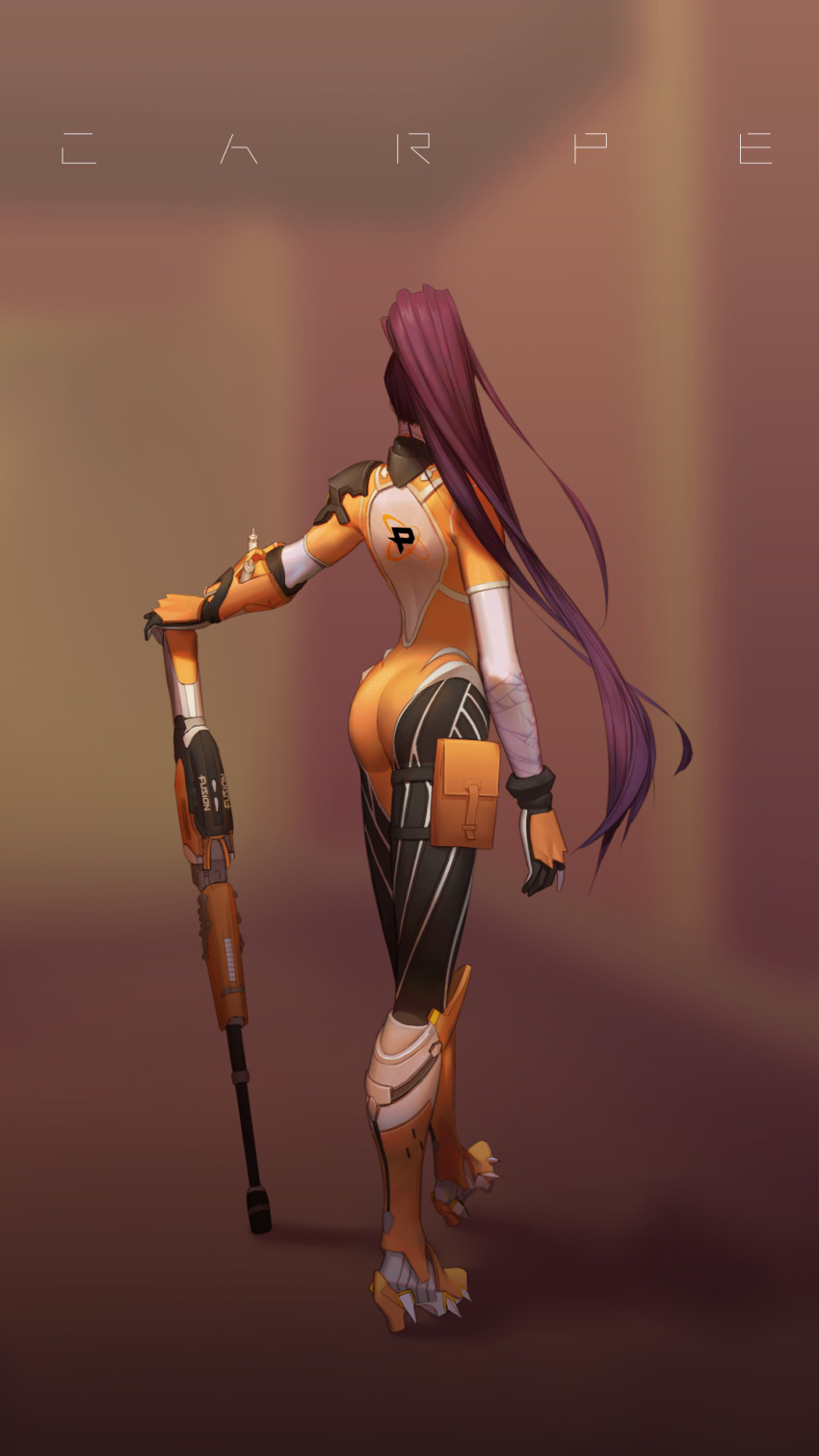 alternate_costume ass back boots carpe_(gamer) fingerless_gloves fusion_widowmaker gloves gun highres long_hair nezumi_(tuboshu2013) overwatch overwatch_league philadelphia_fusion ponytail purple_hair purple_skin rifle solo tattoo weapon widowmaker_(overwatch)