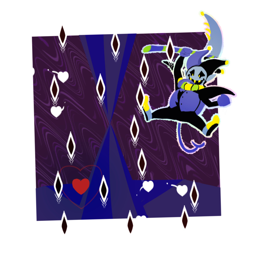 &lt;3 alpha_channel ambiguous_gender black_sclera clothing deltarune footwear gloves hat humanoid imp jester jevil_(deltarune) lol_comments melee_weapon not_furry open_mouth pixellexi pointy_ears polearm scythe sharp_teeth shoes simple_background spoiler teeth tongue transparent_background vest weapon yellow_eyes