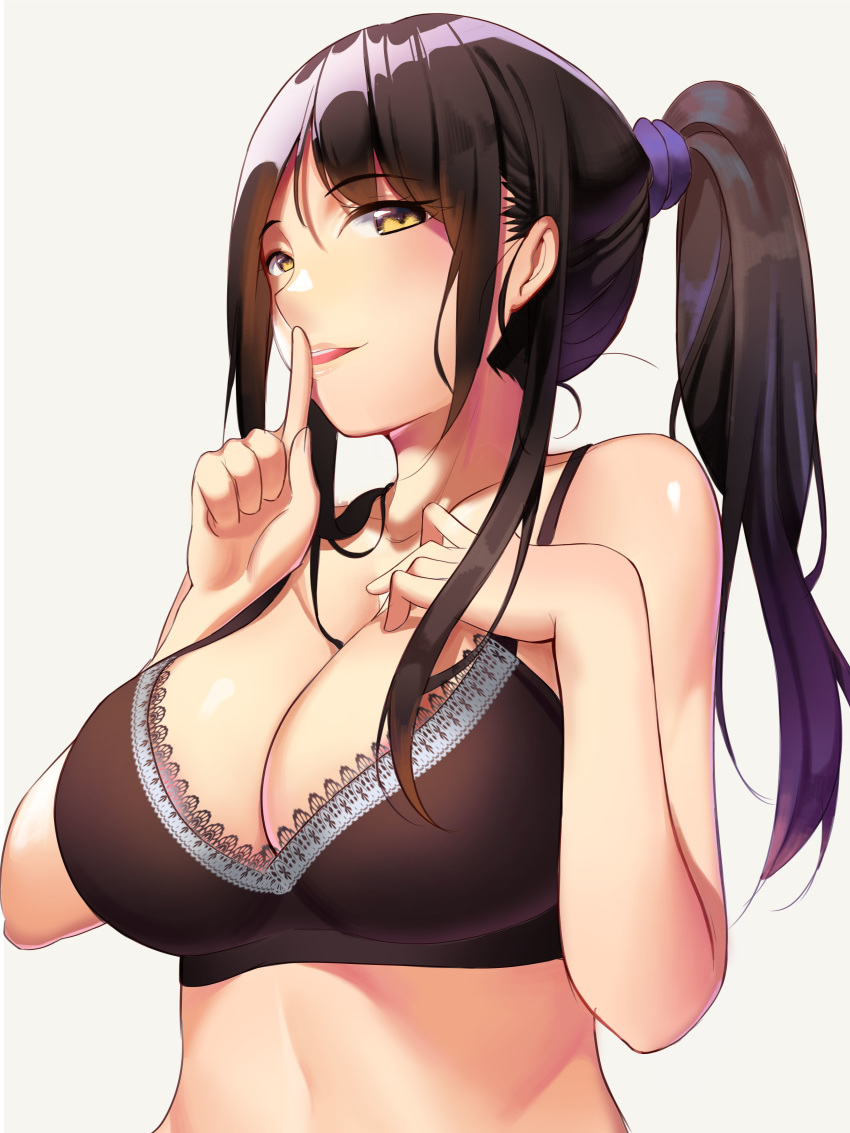 absurdres bangs black_bra black_hair bra breasts eyebrows_visible_through_hair finger_to_mouth hand_on_own_chest henz_(86551650) highres index_finger_raised lace lace-trimmed_bra large_breasts long_hair looking_at_viewer original parted_lips ponytail shushing sidelocks solo underwear upper_body yellow_eyes