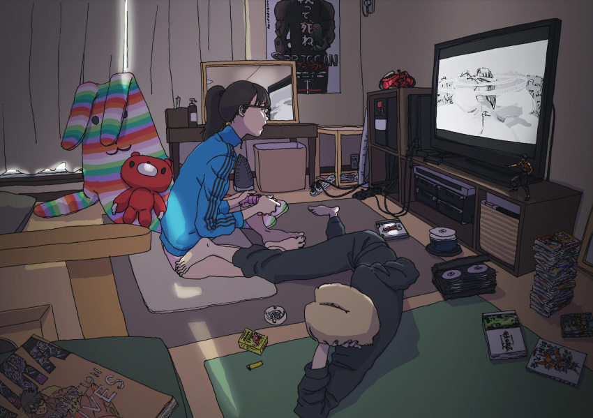 1girl commentary_request game_console glasses gloomy_bear highres jersey kim_taemyung messy_room original playing_games playstation_4 ponytail room stuffed_animal stuffed_toy television