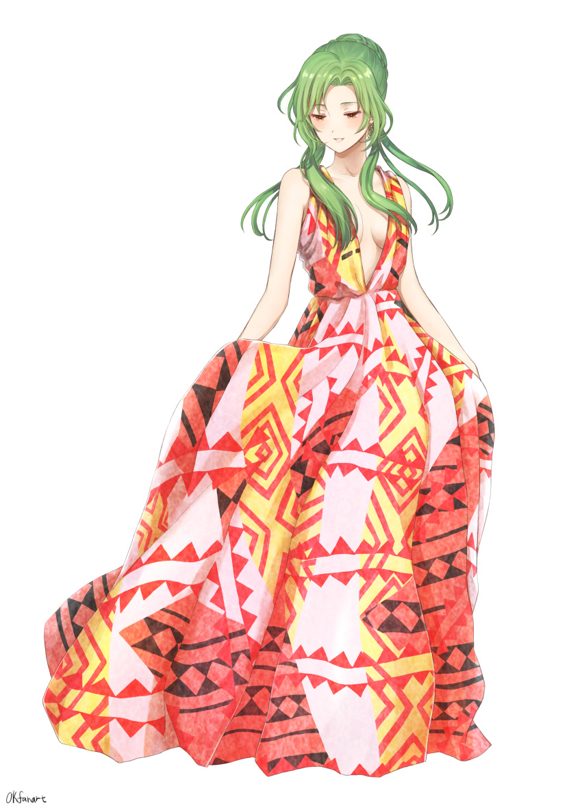 absurdres alternate_costume artist_name braid breasts cleavage dress earrings elincia_ridell_crimea fire_emblem fire_emblem:_akatsuki_no_megami fire_emblem:_souen_no_kiseki full_body green_hair highres hoop_earrings jewelry long_hair looking_down medium_breasts niboshi514 open_mouth orange_eyes ponytail signature simple_background sleeveless smile solo standing white_background