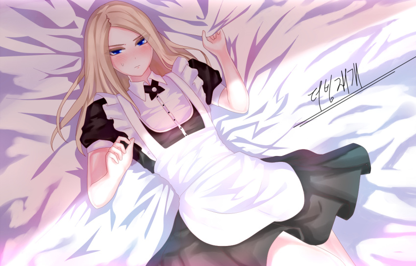 1boy abel_(talesrunner) bed bed_sheet blonde_hair blue_eyes blush crossdressing jtaro long_hair looking_afar lying lying_on_bed maid maid_outfit male_focus sweat talesrunner