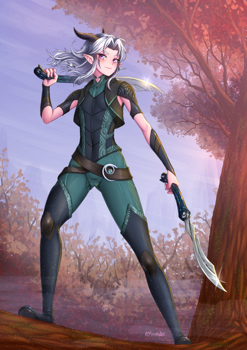 adsouto artist_name boots commentary cropped_jacket day dual_wielding english_commentary eyebrows_visible_through_hair facial_mark flat_chest highres holding horns jacket legs_apart long_hair looking_at_viewer open_clothes open_jacket outdoors pointy_ears purple_eyes rayla_(the_dragon_prince) silver_hair sleeveless smile solo standing the_dragon_prince thigh_boots thighhighs weapon wind wrist_guards