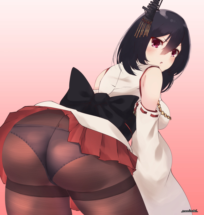 ass black_hair blush braid breasts commentary_request detached_sleeves gradient gradient_background hair_between_eyes hair_ornament headgear highres japanese_clothes kantai_collection large_breasts miniskirt momiji_(103) open_mouth panties panties_under_pantyhose pantyhose red_eyes red_skirt short_hair single_braid skirt solo underwear wide_sleeves yamashiro_(kantai_collection)