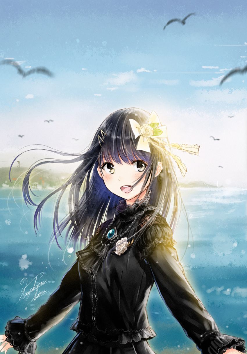 bangs bird black_dress black_hair black_neckwear blue_sky blunt_bangs blush bow commentary_request day dress eyebrows_visible_through_hair flower gem grey_eyes hair_bow hair_flower hair_ornament hairclip heterochromia highres jewelry kazuharu_kina lipstick long_hair long_sleeves looking_at_viewer makeup mountainous_horizon necklace ocean original outdoors pearl_necklace pink_lips rose round_teeth signature sky solo straight_hair teeth upper_body water white_bow white_flower white_rose yellow_eyes