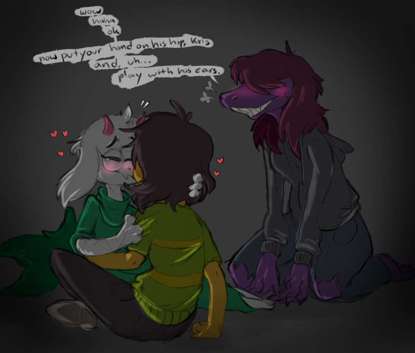 &lt;3 ambiguous_gender being_watched blush caprine deltarune eyes_closed eyewear female glasses goat group horn human kissing kris_(deltarune) male male/ambiguous mammal middry monster pawtsun ralsei sitting sketch susie_(deltarune)