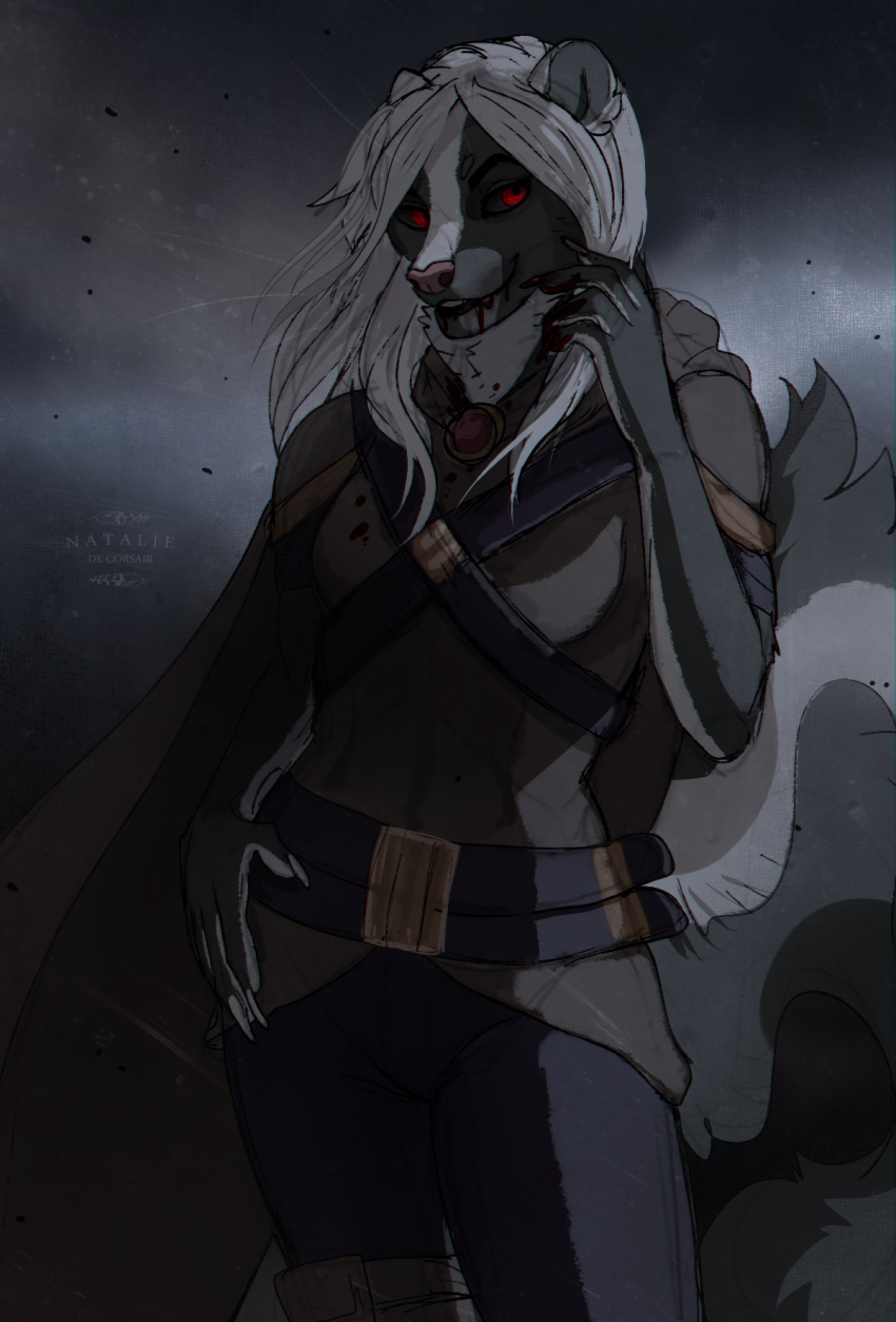 2018 anthro armor assassin blood clothed clothing eve_hawthorne female fur hair looking_at_viewer mammal mephitid natalie_de_corsair red_eyes skunk smile solo vampire white_hair