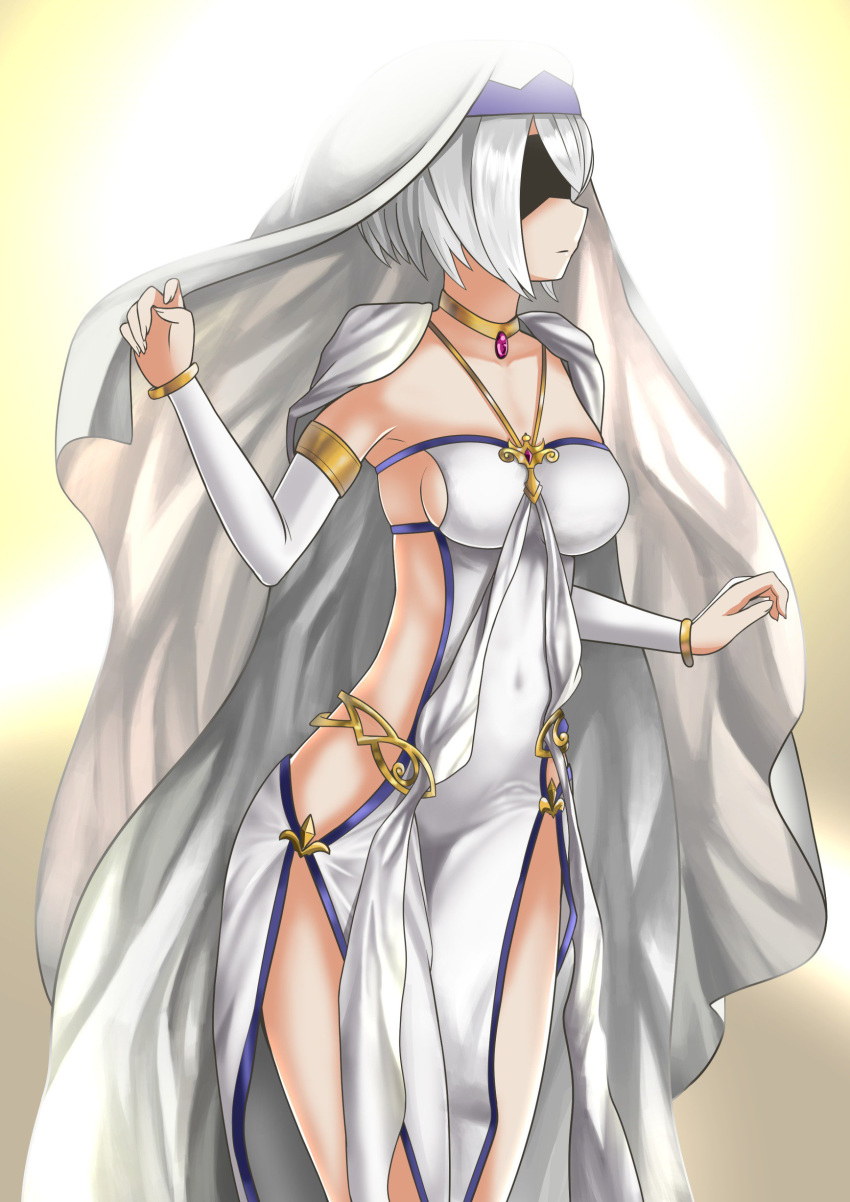 absurdres armlet black_blindfold blindfold breasts cape collarbone cosplay covered_eyes dress expressionless full_body gem goblin_slayer! gold highres jewelry medium_breasts necklace nier_(series) nier_automata no_bra no_panties short_hair sideboob solo sword_maiden sword_maiden_(cosplay) the_only_shoe veil white_cape white_dress white_hair yorha_no._2_type_b
