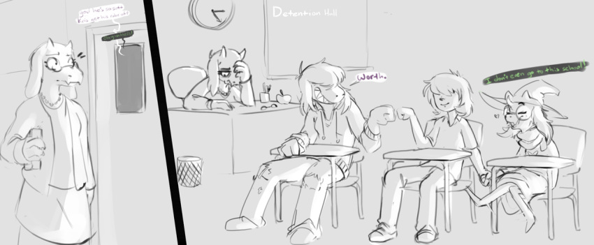 &lt;3 ambiguous_gender anthro boss_monster caprine caught clothed clothing deltarune detention dialogue english_text eyes_closed eyes_hidden eyewear facepalm female fist_bump glasses goat group hand_holding hoodie horn human interspecies kris_(deltarune) male male/ambiguous mammal middry monster ralsei school sitting sketch susie_(deltarune) text toriel undertale video_games