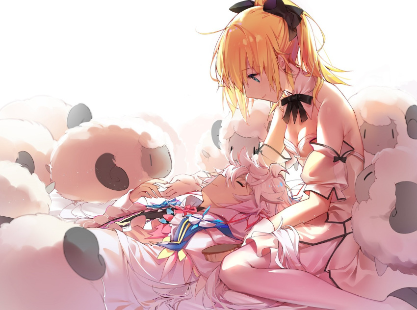 1girl artoria_pendragon_(all) black_bow black_ribbon blonde_hair blue_eyes bow breasts choker cleavage closed_eyes detached_sleeves dress eyebrows_visible_through_hair fate/grand_order fate_(series) gloves hair_bow highres kamiowl long_hair lying merlin_(fate) neck_ribbon on_back ponytail ribbon saber_lily short_sleeves silver_hair sleeping sleeveless sleeveless_dress small_breasts striped striped_dress very_long_hair white_background white_dress white_gloves