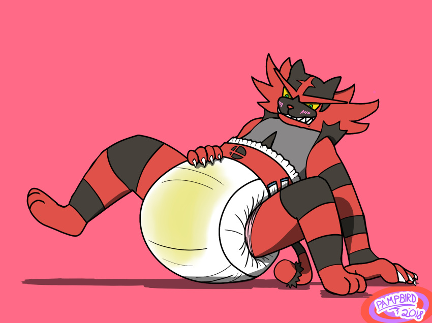 2018 black_fur blush cel_shading clothed clothing diaper digital_media_(artwork) embarrassed feline feral fur incineroar looking_down male mammal nintendo pampbird_(artist) pok&eacute;mon pok&eacute;mon_(species) red_fur signature simple_background solo teeth tiger urine video_games wet_diaper wetting