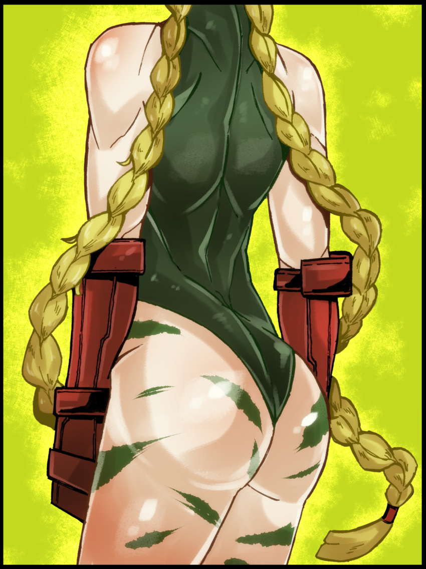 ass black_border blonde_hair bodypaint border braid cammy_white commentary_request fingerless_gloves from_behind gloves green_background green_leotard head_out_of_frame highres leotard long_hair mr.way red_gloves solo street_fighter twin_braids very_long_hair