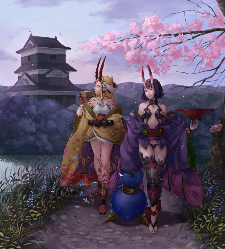 barefoot barefoot_sandals bob_cut breasts breasts_apart commentary_request cup facial_mark fate/grand_order fate_(series) fingernails forehead_mark highres horns ibaraki_douji_(fate/grand_order) japanese_clothes kimono looking_to_the_side nagi_(xx001122) oni oni_horns open_clothes open_kimono outdoors purple_eyes purple_hair purple_kimono revealing_clothes sakazuki sharp_fingernails short_hair shuten_douji_(fate/grand_order) sword tattoo walking weapon yellow_eyes yellow_kimono