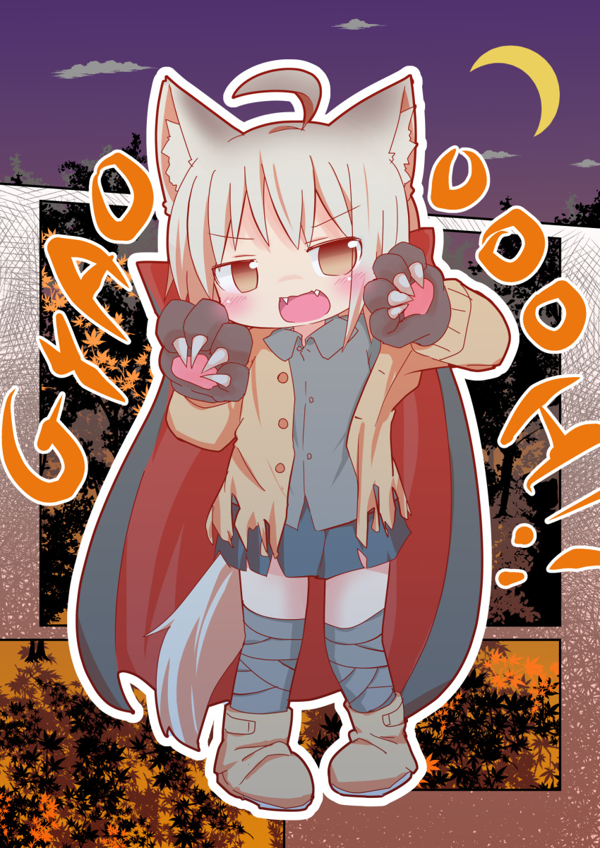 animal_ears bandaged_leg bandages boots brown_eyes cape cardigan claw_pose claws commentary_request crescent_moon dog_ears dog_tail fangs full_body gao gloves halloween halloween_costume highres light_brown_hair long_sleeves mikeya_hiyori miniskirt moon night open_cardigan open_clothes original paw_gloves paws shirt short_hair silver_hair skirt solo tail torn_clothes torn_shirt torn_sweater