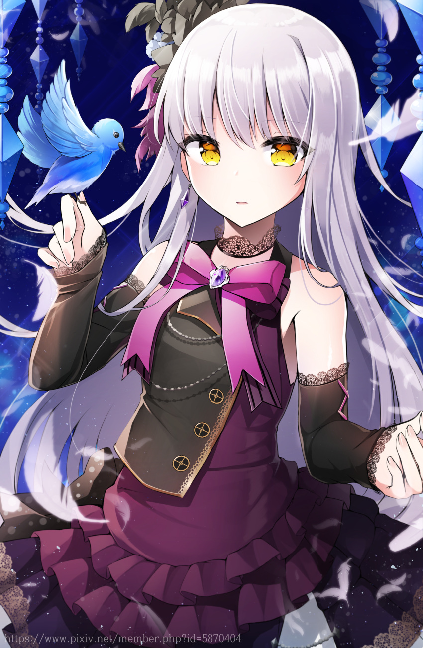 absurdres bang_dream! bangs bird bird_on_hand black_choker black_dress black_feathers bluebird brooch choker detached_sleeves dress feathers grey_hair hair_feathers highres jewelry lace lace-trimmed_sleeves lace_choker lace_trim long_hair looking_at_viewer minato_yukina neck_ribbon onsem parted_lips pink_neckwear purple_feathers ribbon solo watermark web_address yellow_eyes