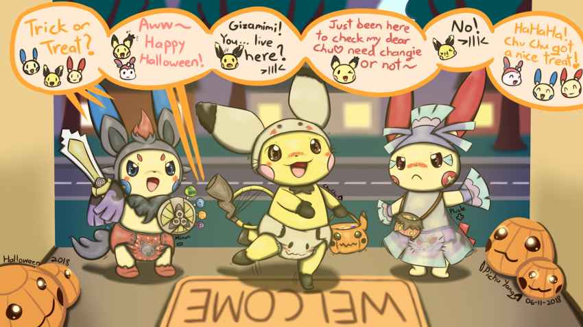 aegislash blush candy chuchu_yang cloth_diaper costume diaper food fruit halloween holidays infantilism lollipop mimikyu minun nintendo oriocorio pichu pichuyang plusle pok&eacute;mon pok&eacute;mon_(species) pumpkaboo pumpkin video_games zorua