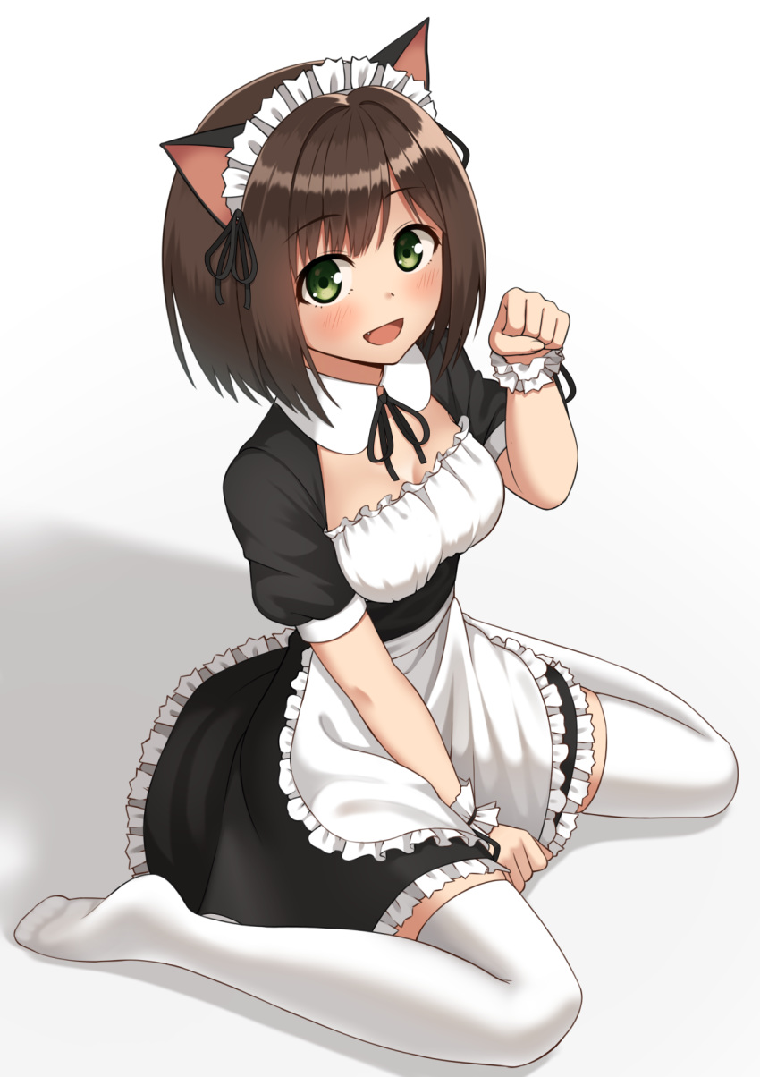 :d animal_ears apron bangs between_legs black_dress black_ribbon blush breasts cat_ears cleavage commentary_request detached_collar dress eyebrows_visible_through_hair fang frilled_apron frilled_dress frills from_below full_body hand_between_legs hand_up highres idolmaster idolmaster_cinderella_girls kemonomimi_mode kurisu-kun looking_at_viewer looking_up maekawa_miku maid_headdress medium_breasts no_shoes open_mouth paw_pose pet_play ribbon shadow short_sleeves simple_background smile solo thighhighs waist_apron white_apron white_background white_legwear wrist_cuffs