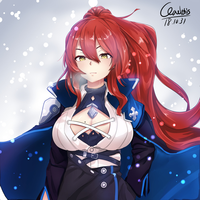 arctic_kriegsmesser artist_name bangs belt black_coat black_gloves blue_cape breasts cape cleavage cleavage_cutout closed_mouth coat collared_shirt corset eyebrows eyebrows_visible_through_hair gloves gradient gradient_background hair_between_eyes hand_on_hip highres honkai_impact jewelry large_breasts long_hair long_sleeves looking_at_viewer mole mole_on_breast multiple_belts murata_himeko open_clothes open_coat open_shirt pendant ponytail qualthis red_hair shirt sidelocks snow turtleneck upper_body yellow_eyes