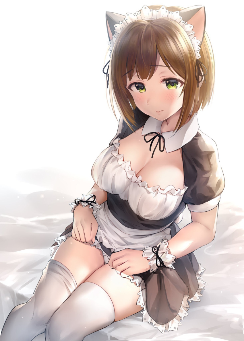 3: animal_ears apron bangs blush breasts brown_hair cat_ears cleavage closed_mouth commentary frills green_eyes highres idolmaster idolmaster_cinderella_girls large_breasts looking_at_viewer maekawa_miku maid_apron maid_headdress panties puffy_short_sleeves puffy_sleeves short_hair short_sleeves simple_background solo swept_bangs takeashiro thighhighs thighs underwear waist_apron white_background white_legwear white_panties wrist_cuffs