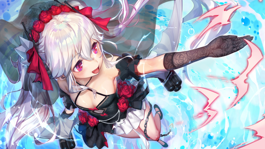 arm_garter azur_lane bangs bare_shoulders bat black_dress black_gloves black_legwear blush breasts bridal_veil chain cleavage cleavage_cutout collarbone dress dress_bow elbow_gloves eyebrows_visible_through_hair fang fang_out floating_hair flower from_above from_below gloves gorgeous_mushroom hair_between_eyes hair_ornament hair_ribbon highres jewelry light_particles long_hair looking_afar looking_away looking_to_the_side open_mouth outstretched_arm petals red_eyes ribbon rigging ring rose sidelocks silver_hair silver_wings small_breasts smile solo standing thighhighs tiara torpedo_launcher twintails underwear vampire_(azur_lane) veil very_long_hair wind window wings