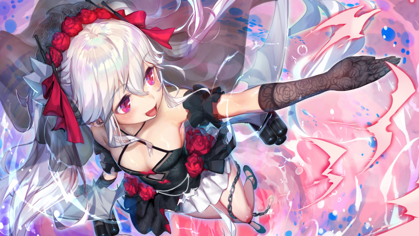 arm_garter azur_lane bangs bare_shoulders bat black_dress black_gloves black_legwear blush breasts bridal_veil chain cleavage cleavage_cutout collarbone dress dress_bow elbow_gloves eyebrows_visible_through_hair fang fang_out floating_hair flower from_above from_below gloves gorgeous_mushroom hair_between_eyes hair_ornament hair_ribbon highres jewelry light_particles long_hair looking_afar looking_away looking_to_the_side open_mouth outstretched_arm petals red_eyes ribbon rigging ring rose sidelocks silver_hair silver_wings small_breasts smile solo standing thighhighs tiara torpedo_launcher twintails underwear vampire_(azur_lane) veil very_long_hair wind window wings