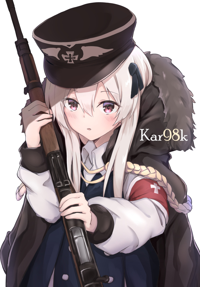 absurdres armband bangs black_ribbon blue_jacket blush bolt_action brown_hat brown_jacket character_name collared_shirt commentary eyebrows_visible_through_hair fur-trimmed_jacket fur_trim girls_frontline gun hair_between_eyes hair_ribbon hand_up hat highres holding holding_gun holding_weapon iron_cross jacket jacket_on_shoulders kar98k_(girls_frontline) ky_(ky990533) long_hair long_sleeves looking_at_viewer mauser_98 military_hat object_namesake parted_lips peaked_cap red_eyes ribbon shirt simple_background solo weapon white_background white_hair white_shirt