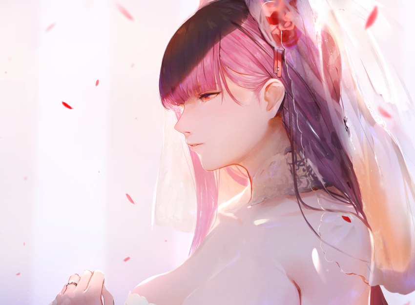 absurdres bangs bare_shoulders blush breasts bridal_veil bride choker collarbone commentary_request dress eyebrows_visible_through_hair flower from_side girls_frontline hair_flower hair_ornament half-closed_eyes hand_up happy highres huge_filesize isaka_wasabi jewelry lace lace_choker large_breasts long_hair parted_lips petals purple_hair red_eyes red_flower red_rose ring rose sidelocks solo strapless strapless_dress tsurime veil very_long_hair wa2000_(girls_frontline) wedding wedding_dress wedding_ring white_dress
