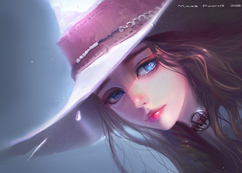 artist_name blue_eyes brown_hair choker commentary dated english_commentary hat highres lips long_hair looking_at_viewer mars_foong nose original portrait simple_background solo