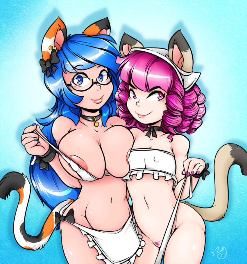 5_fingers animal_humanoid apron areola big_breasts biped black_ears black_eyebrows black_tail blue_hair blue_nails bottomless bow bra breast_size_difference breasts brown_ears brown_tail calico_cat cat cat_humanoid clothed clothing collar colored_nails convenient_censorship dipstick_tail drill_hair duckdraw duo eyebrows eyelashes eyewear feline female flat_chested glasses hair hair_bow hair_ribbon hi_res humanoid lips long_hair looking_at_viewer mammal multicolored_ears multicolored_tail navel nipple_bulge orange_ears orange_tail pale_skin pink_areola pink_lips pubes purple_eyes purple_hair purple_nails ribbons smile two_tone_ears two_tone_tail underwear undressing white_ears white_tail wristband